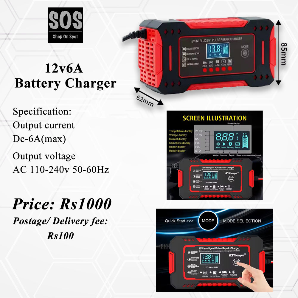 12V 6A Smart Battery Charger – Automatic Car & Motorcycle Battery Charger