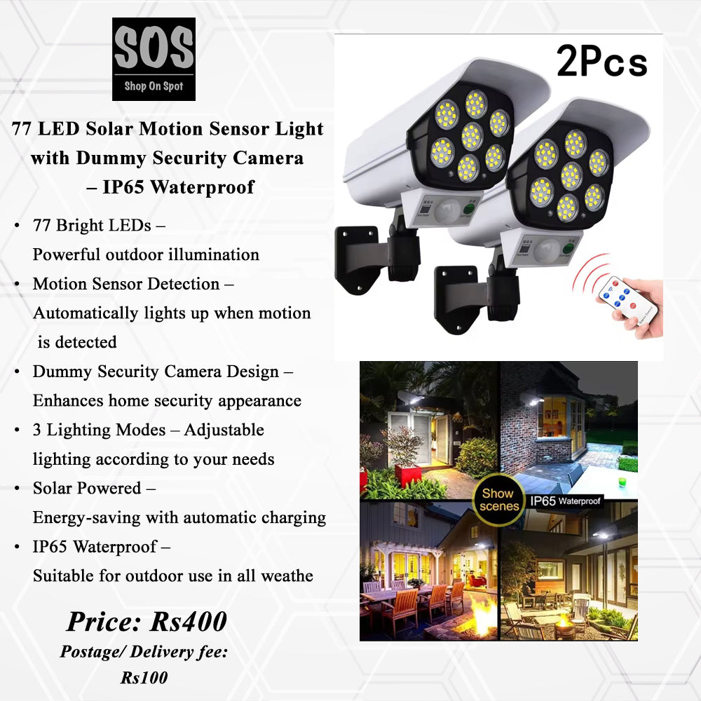 77 LED Solar Motion Sensor Light with Dummy Security Camera – IP65 Waterproof