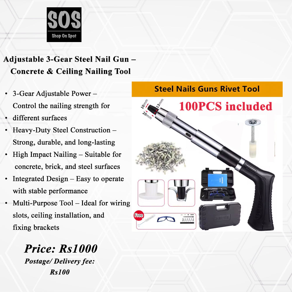 Adjustable 3-Gear Steel Nail Gun – Concrete & Ceiling Nailing Tool