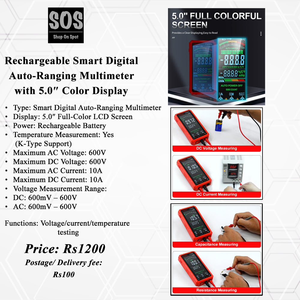 Rechargeable Smart Digital Auto- Ranging Multimeter with 5.0" Color Display